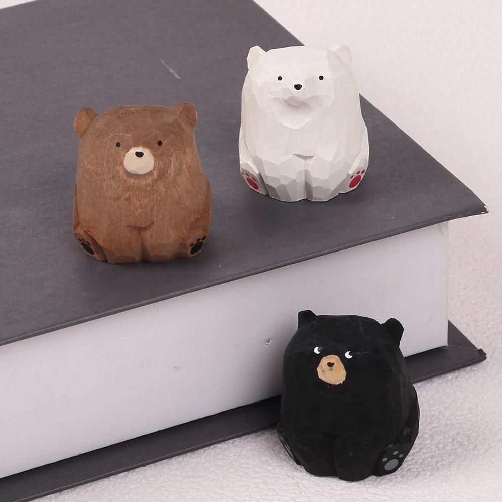 Mini Wooden Bear Figurine Handcrafted Miniature Polar Bear Animal Figurines Office Home Decor Art Carving Work