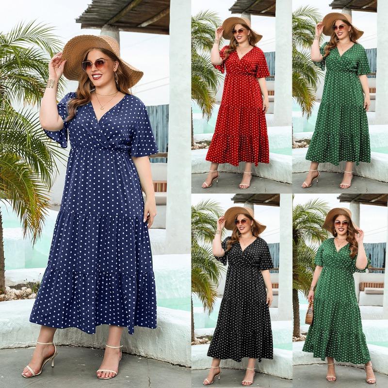 Plus Size Women's Big Size Polka Dot Casual v-Neck Elegant Hem Midi Dresses