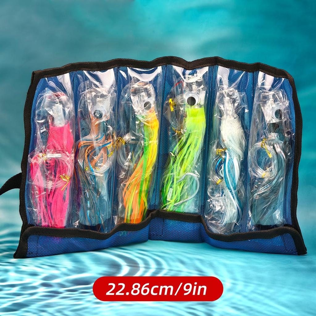 1pc/6pcs 6”/9 “ Acrylic Head Skirted Offshore Big Game Trolling Lure for Redfin Tuna,Single Hook for Boating Fishing Sea Fishing