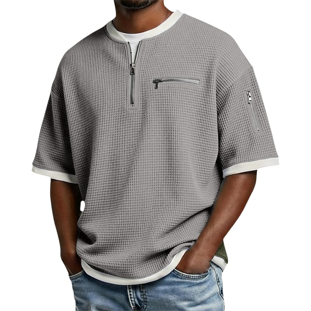 Herren Freizeit - Gewebtes Reißverschlusskragen Leichtes Atmungsaktives Kurzarm-Oberteil