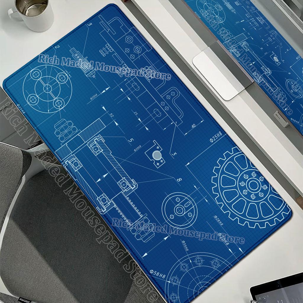 Tappetino per Mouse Nero Grande Disegno Meccanico Ingegnere Mousepad HD XXL Minimalismo Mousemat Tappeto di Gomma Tappetino per Scrivania Accessorio per PC Gaming