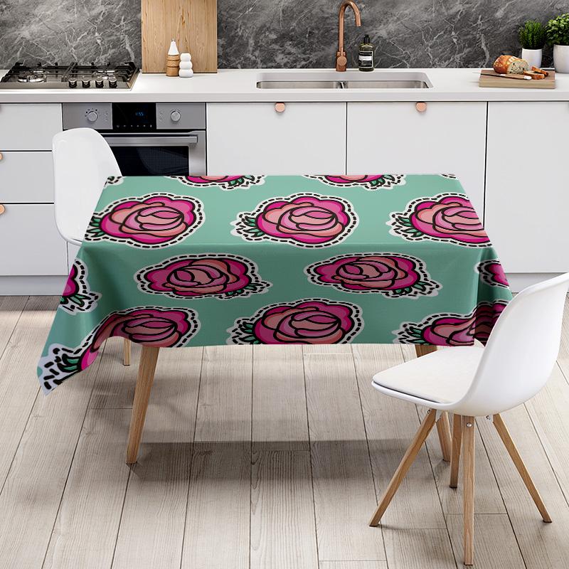 Vibrant Floral Print Tablecloth Rectangular Placemats for Home Decoration Green Pink Roses Design Waterproof Fabric Material Eas