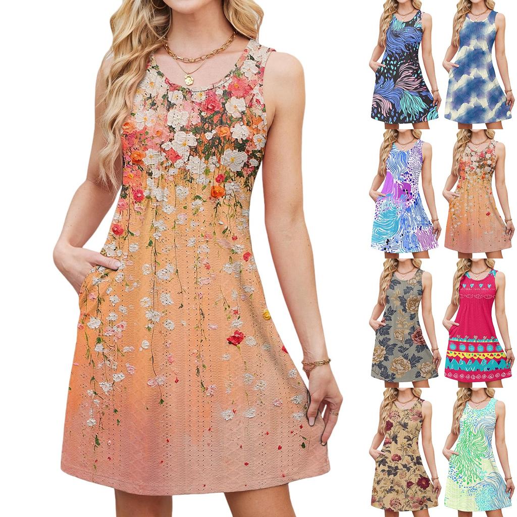 Women's Casual Fashion Breathable Flower Printed Vest Dress With Pockets