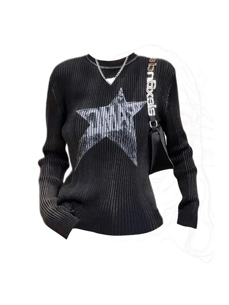 

Черный элегантный полосатый свитер Y2k, женский свитер с круглым вырезом, винтажный принт со звездами, тонкий вязаный пуловер, женский корейский модный повседневный джемпер, новинка 2024 года M чёрный