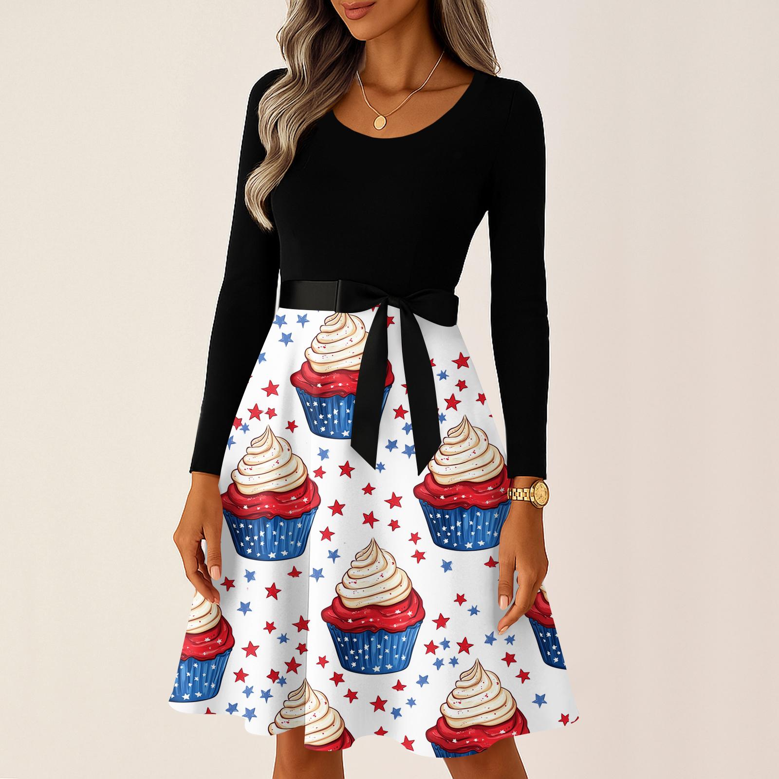 

Women’s Long Sleeve A Line Dress with Star Print Skirt and Belted Waist Casual Crew Neck Fit and Flare Style XL білий