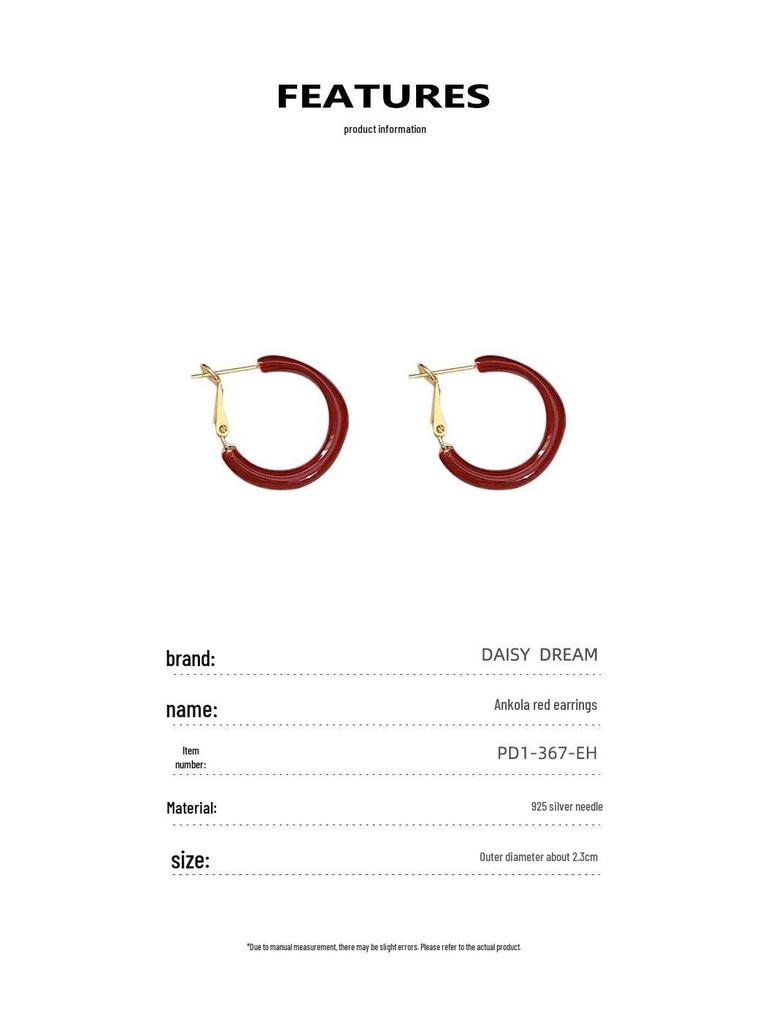 Angkor Red Small Hoop Earrings: Retro Design, 925 Silver Needle