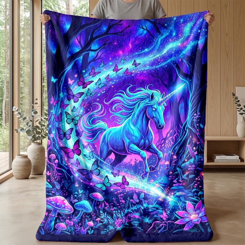 Magical Unicorn in Starry Garden Theme blanket Lightweight Warm Flannel Blanket Decorative Throw Blanket for Home Decoration