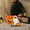 Halloween Decoration Wooden Pumpkin Ghostly Ornament Tabletop Wood Sign For Mantels Desk Shelf Holiday Party