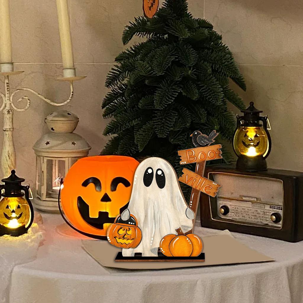 Halloween Decoration Wooden Pumpkin Ghostly Ornament Tabletop Wood Sign For Mantels Desk Shelf Holiday Party