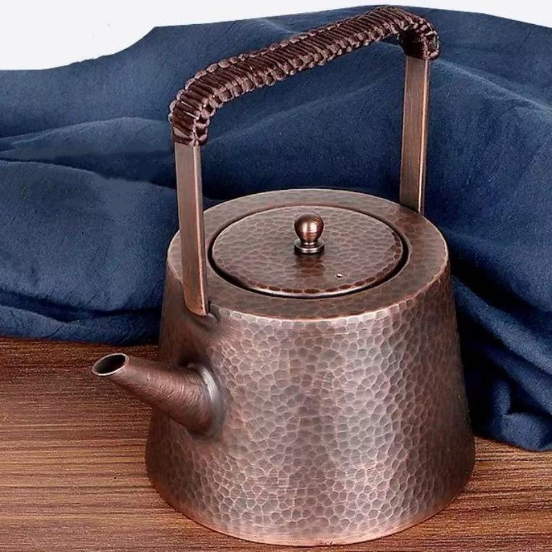 Outdoor Vintage Copper Coffee Kettle,Handcrafted Hammer Texture Weave With lid Handheld Camping Pot,Heat Resistant Filter Teapot
