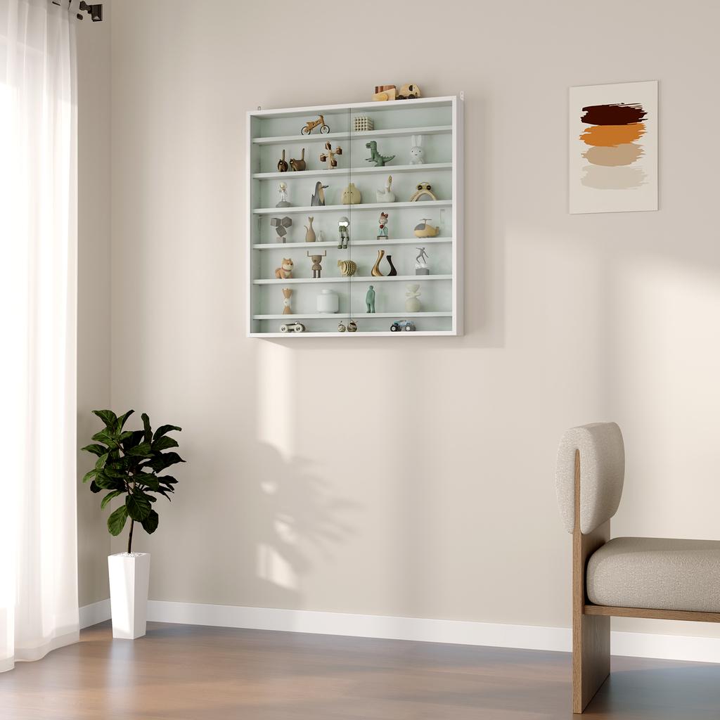 Six Shelf Display Cabinet, with Glass Doors - White
