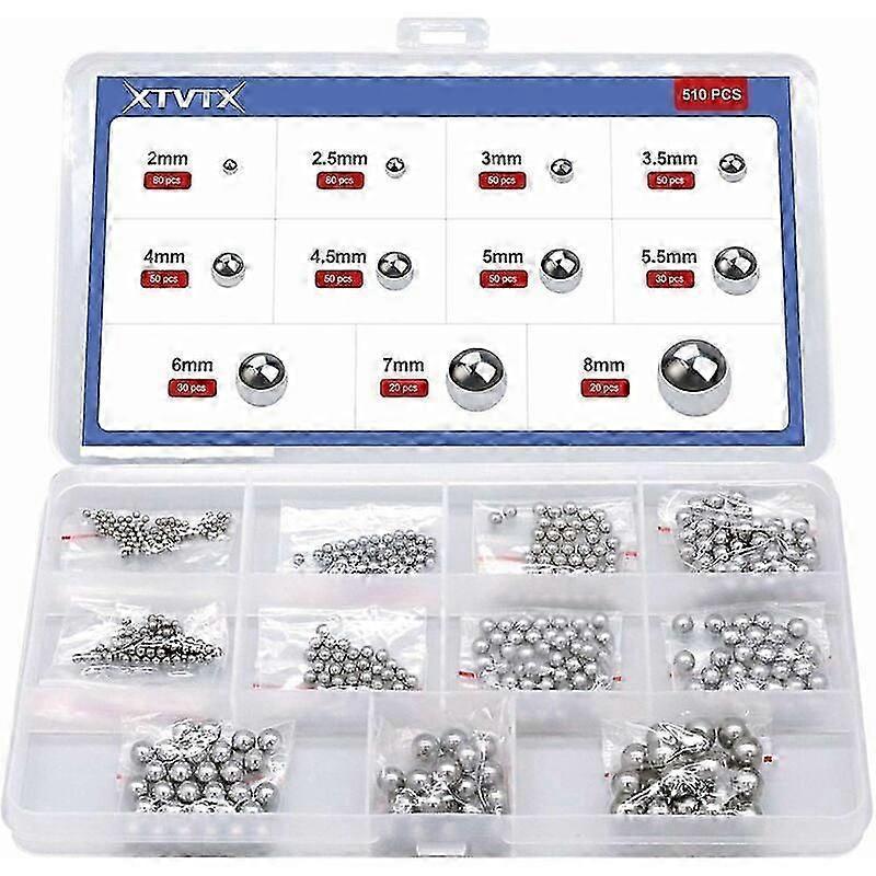 510 Pcs Solid Precision Chrome Steel Bearing Ball Assortment Kit Combination 2mm-8mm Used in Bicycle