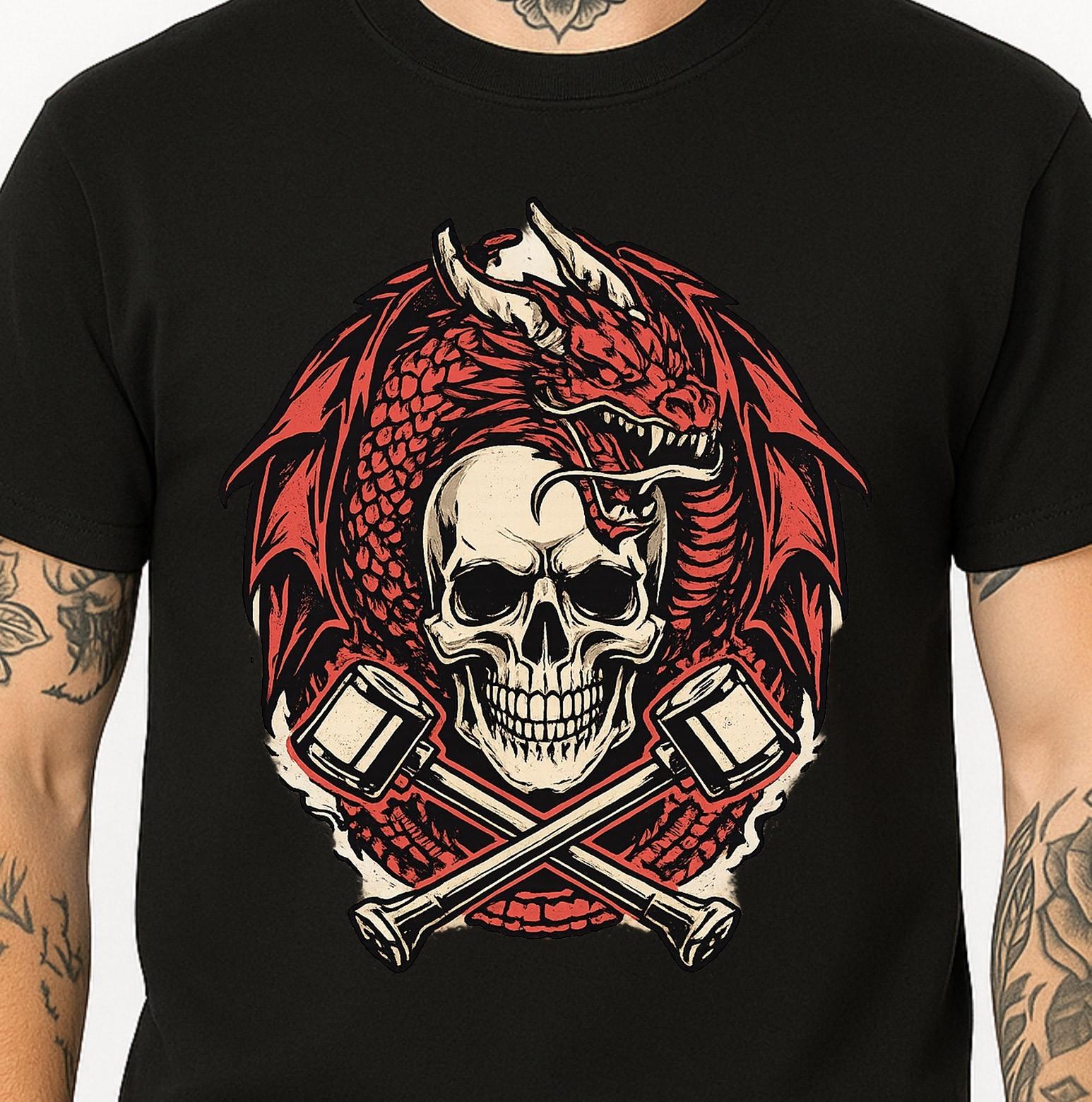 Skull Dragon Hammer Graphic Gothic Biker Fantasy Heavy Metal Crossbones Tee. L