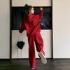 Women's Red Casual Sports Sweater & Wide-Leg Pants Set, 2024 Korean Style, Age-Reducing, Perfect for Spring/Autumn.