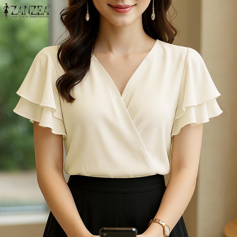 ZANZEA Women Summer V-Neck Ruffles Short Sleeve Casual Blouse