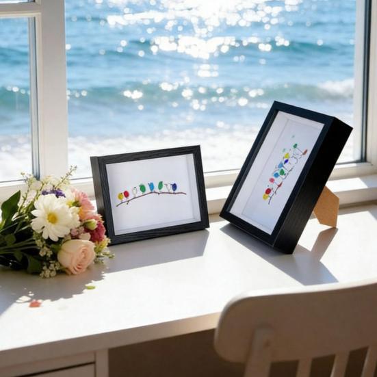 Sea Glass Art Photo Frame Home Decor with Handmade Sea Glass Birds in Black Wooden Frame Framed Sea Glass Bird Branch Ornaments
