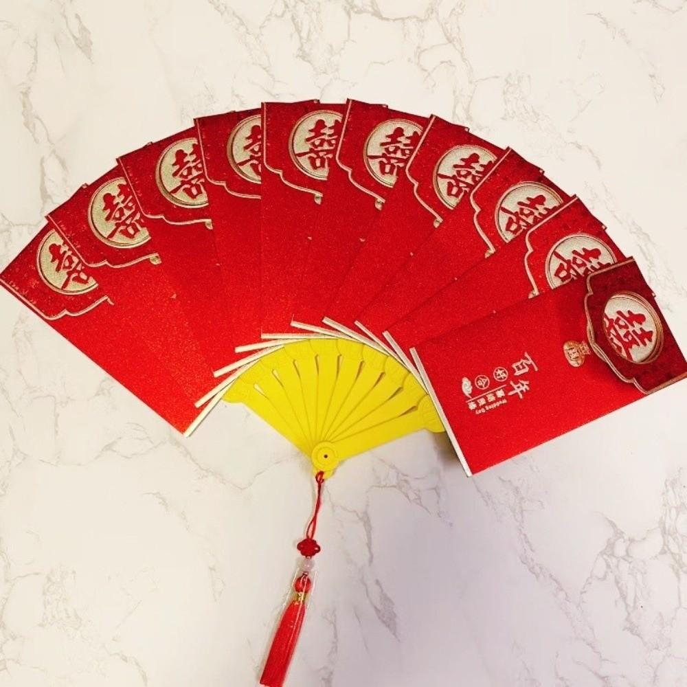 Traditional Fan Design Red Envelope with Chinese Knot Tassel Wedding Money Bag Bonus Paper Hongbao Lucky Money Packet Birthday