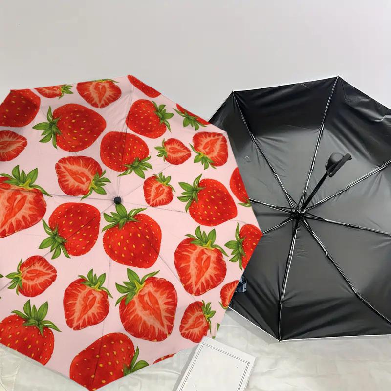 1pc strawberry pattern Automatic Folding Umbrella, Heavy Duty 8 Rib Iron Frame,  Suitable for Travel, Daily Use, Birthday, Decor Gift m0104005