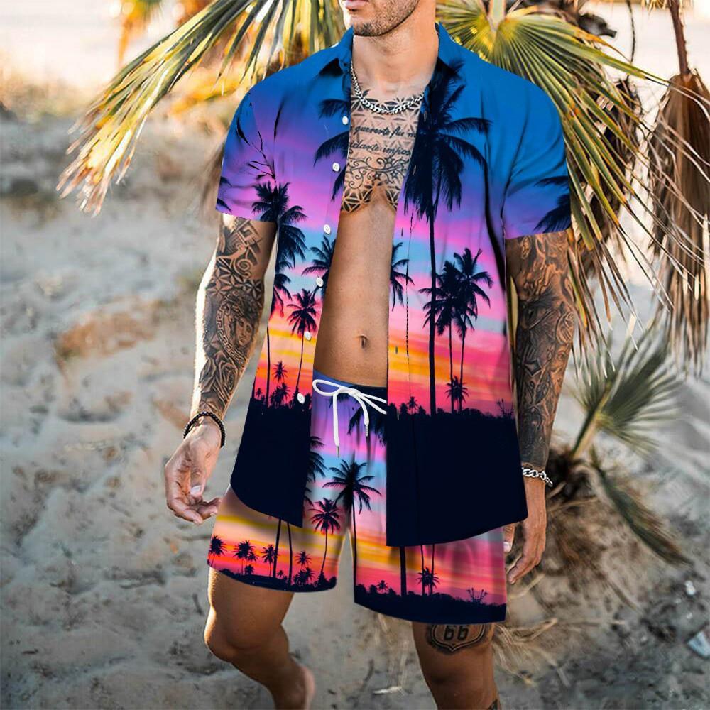Beach Print Hawaiian Set Men's Shorts 3D Print Loose Casual Short Sleeved Beach Shirt Holiday Fashion Two-piece Set