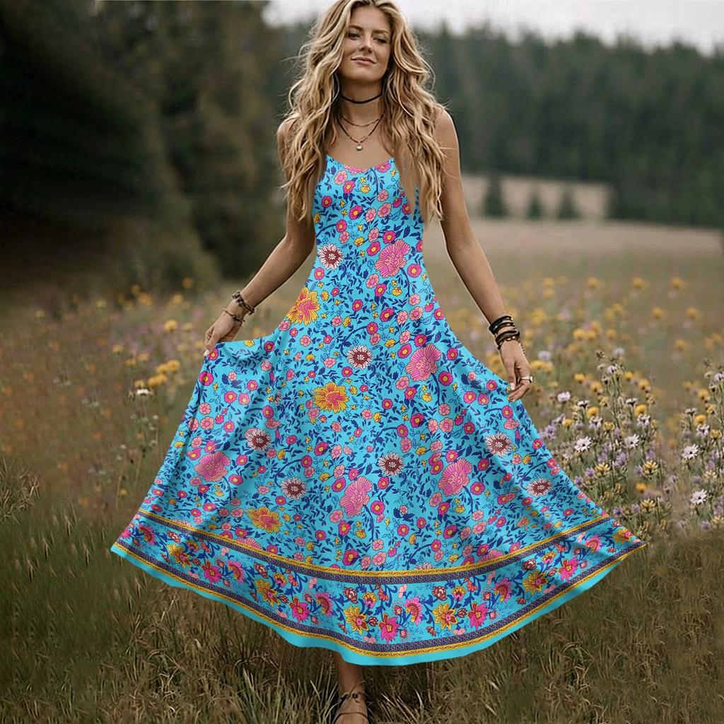 Women Sleeveless V Neck Maxi Dress Summer Bohemian Style Long Slip Dress with Embroidered Pattern and Adjustable Straps for Casual Wear