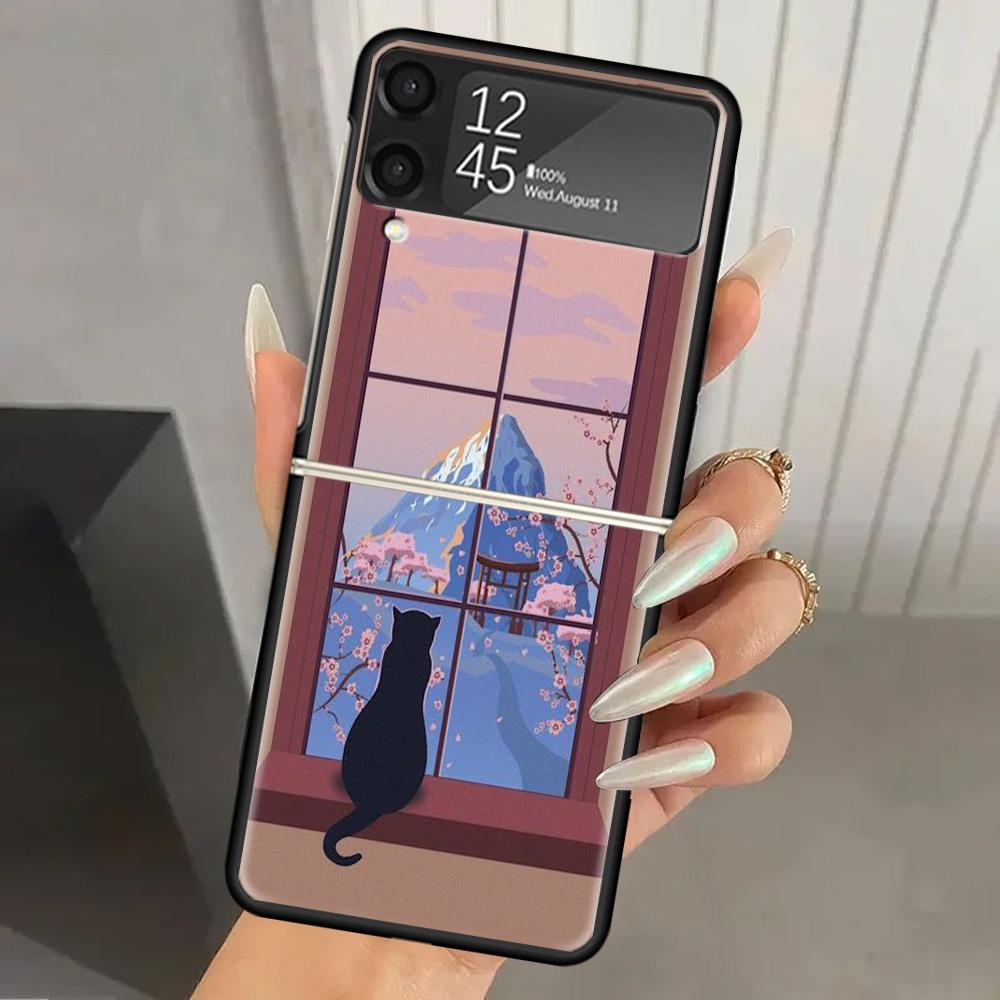 Black Cat Cartoon Cute Hard PC Phone Case For Samsung Galaxy Z Flip 7 6 5 4 3 Black ZFlip7 ZFlip6 Flip5 Flip4 Flip3 5G Print Cov