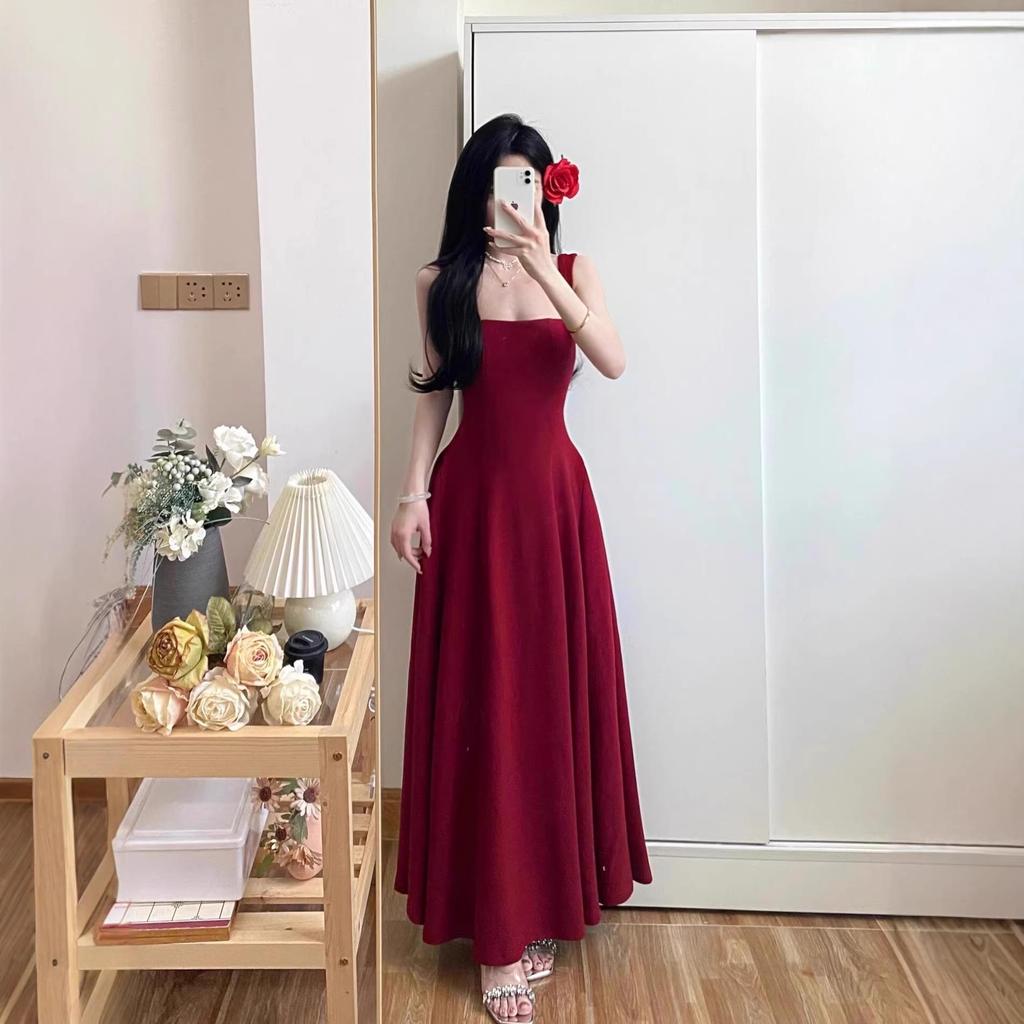 Elegant Red Hepburn Style Spaghetti Strap A-line Dress for Women - Summer 2026 Collection