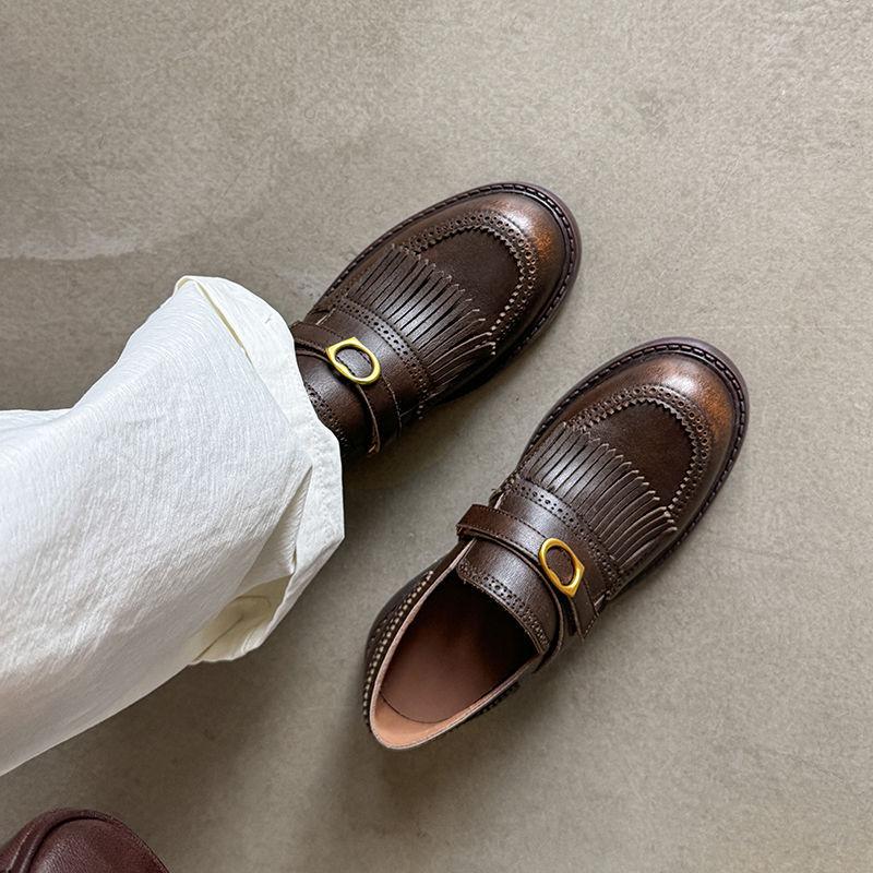 

Новые туфли-лодочки на четыре сезона, женские удобные туфли из коровьей кожи, однотонные, на низком каблуке, нескользящая мягкая подошва, квадратный каблук, кожаные лоферы 40 коричневый