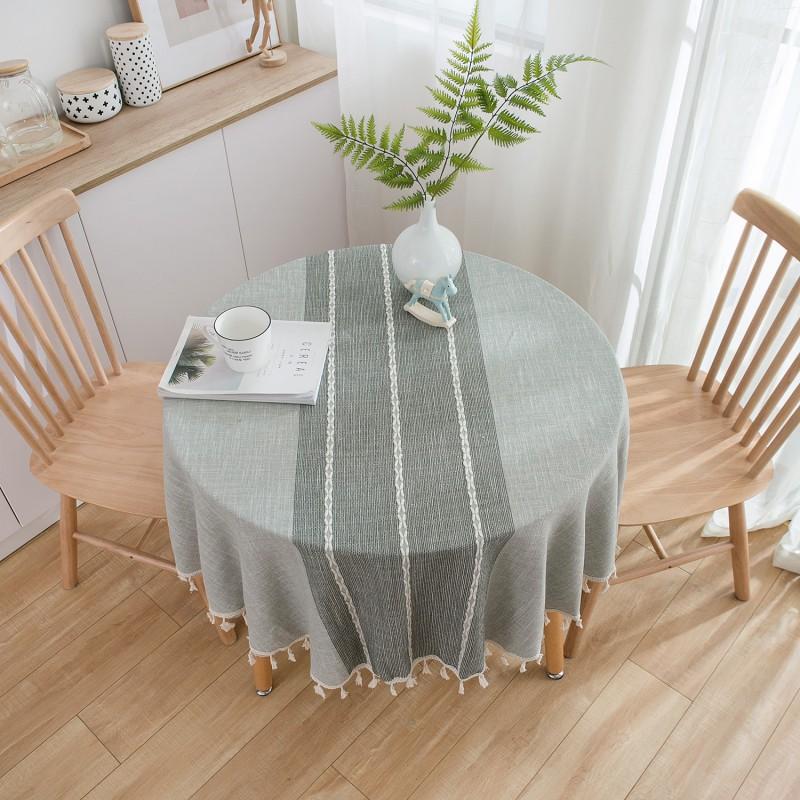 Cotton Linen Tablecloth Round 150cm Gray Coffee Stripe Edge Decorative Dustproof Home Dining Tea Table Cover
