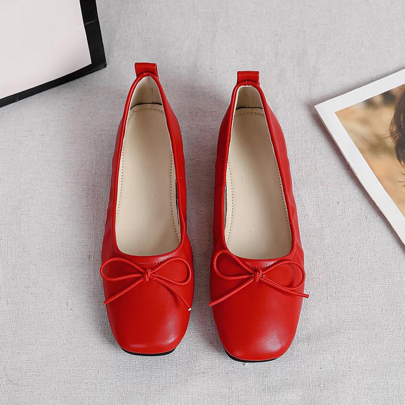 Flat Shoes Women Plus Size 44 Spring Square Head Shallow Mouth Single Shoes Flat Sole Versatile Soft Sole Bow Women's Shoes