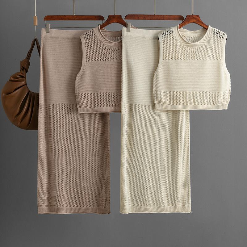 Tailored Hollow Sleeveless Vest Set For Summer Knitted Slit Skirt Two-piece Set