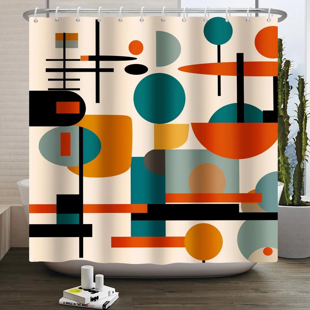 Geometric Line Round Color Block Shower Curtain Artistic Styling Simple Modern Polyester Shower Curtain Bathroom Decoration