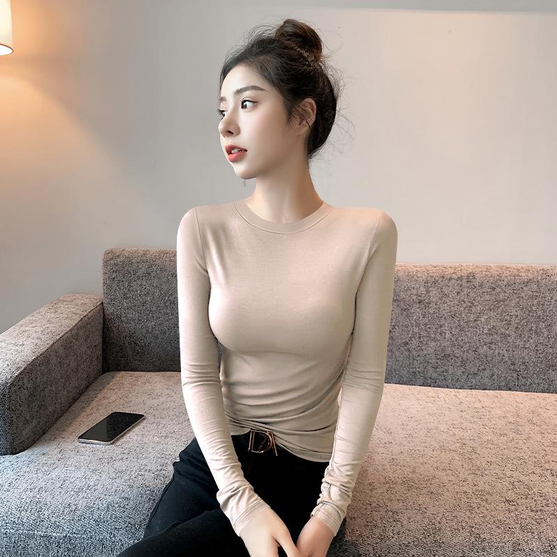 

Женский черный трикотажный топ с длинным рукавом и рубчиком, приталенного силуэта, с круглым вырезом - Идеально подходит для весны, осени и зимы. L [120-140 lbs]