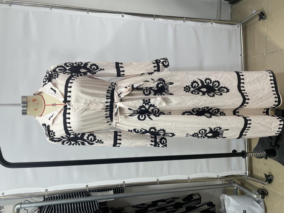 Live Shot 2025 European and American Fashion Long Sleeve Waist-Gathering Print Shirt Dress