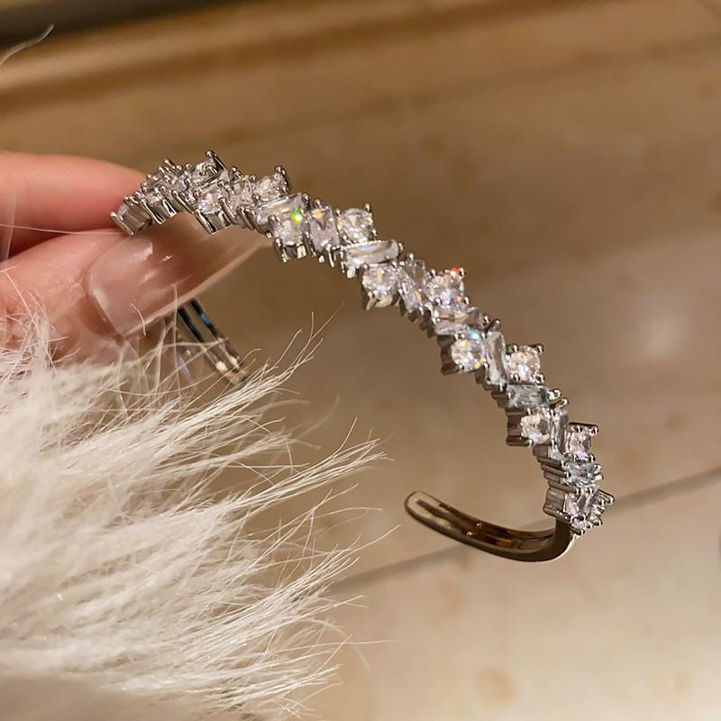 Geometric Silver Zirconia Open Cuff Bracelet For Fashionable Workwear