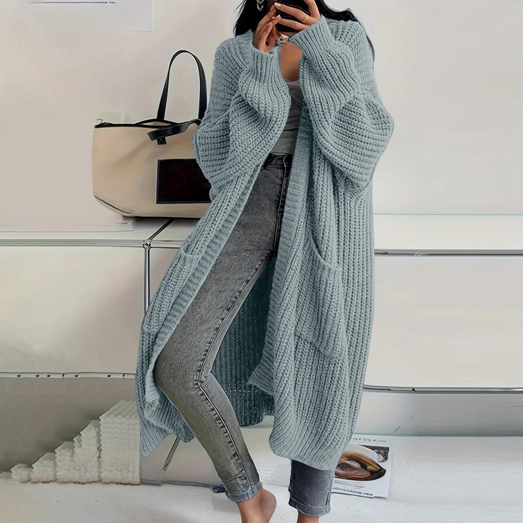 Women's Solid Color Long Sleeved Knee Length Knitted Cardigan, Lazy Trend, Medium Long Hair Jacket