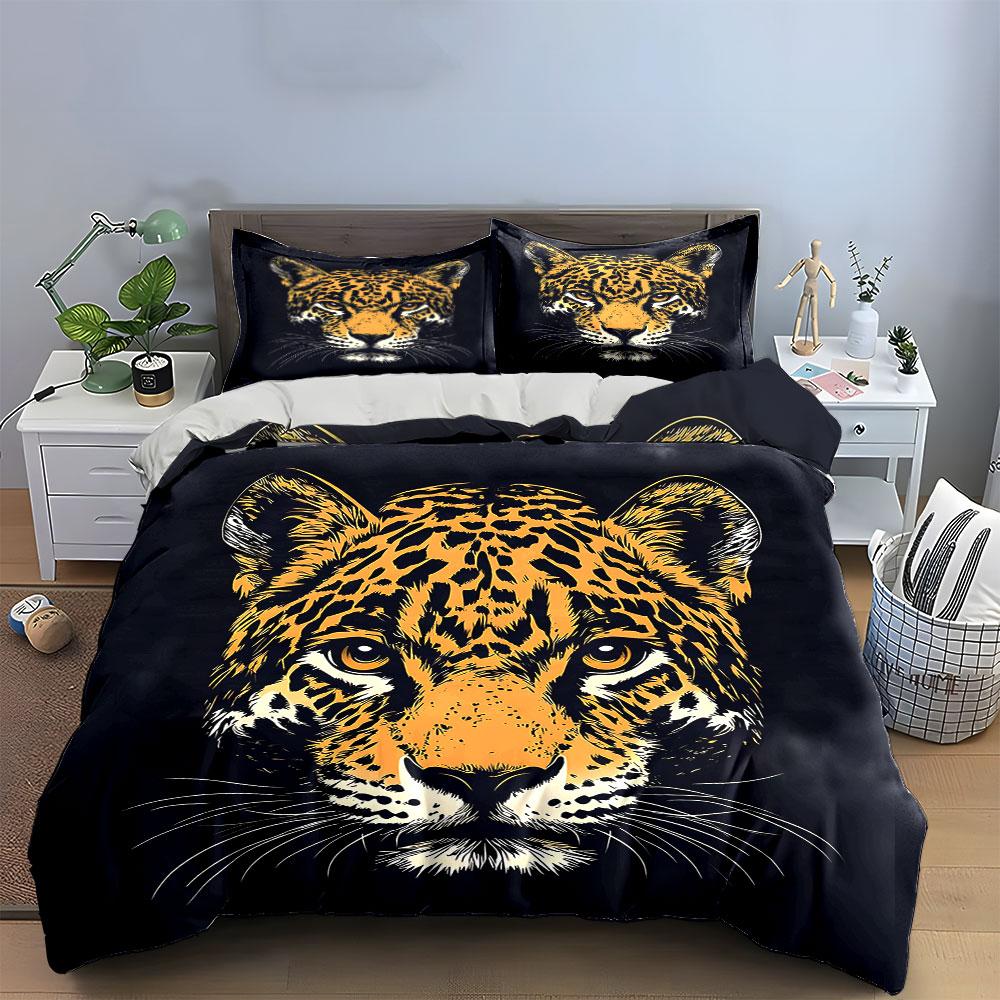 Leopard Face Illustration on Black Background Print Bedding Set Duvet Cover Pillowcases (1* Duvet Cover 2* Pillowcases Do Not Include Comforter)
