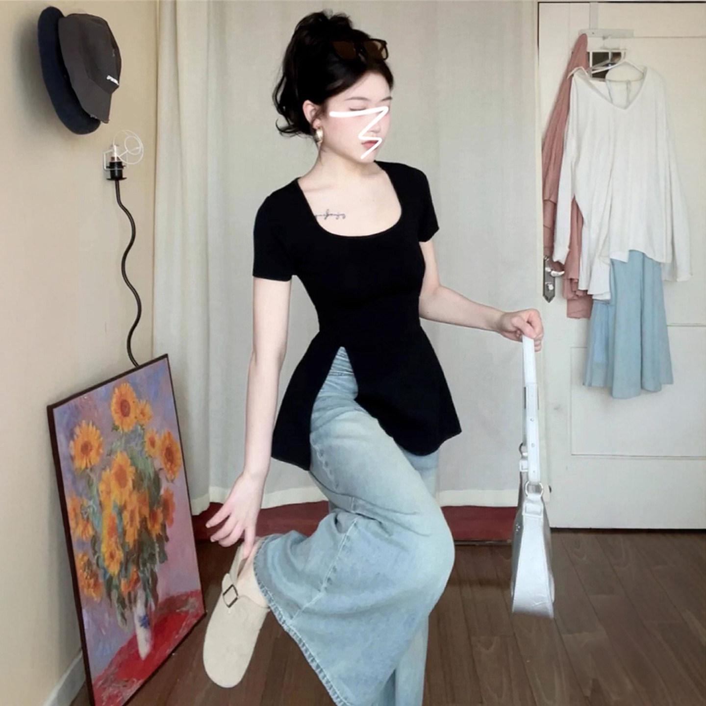 Women s Summer 2026 Slim-Fit U-Neck French Slit T-Shirt - Flattering Waist-Cinched Design Small