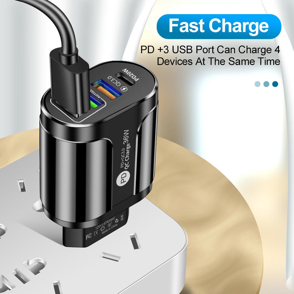 UKCA Certified 36W Fast Charger with PD+QC3.0, 2.4A, and 3 USB Ports for European/UK