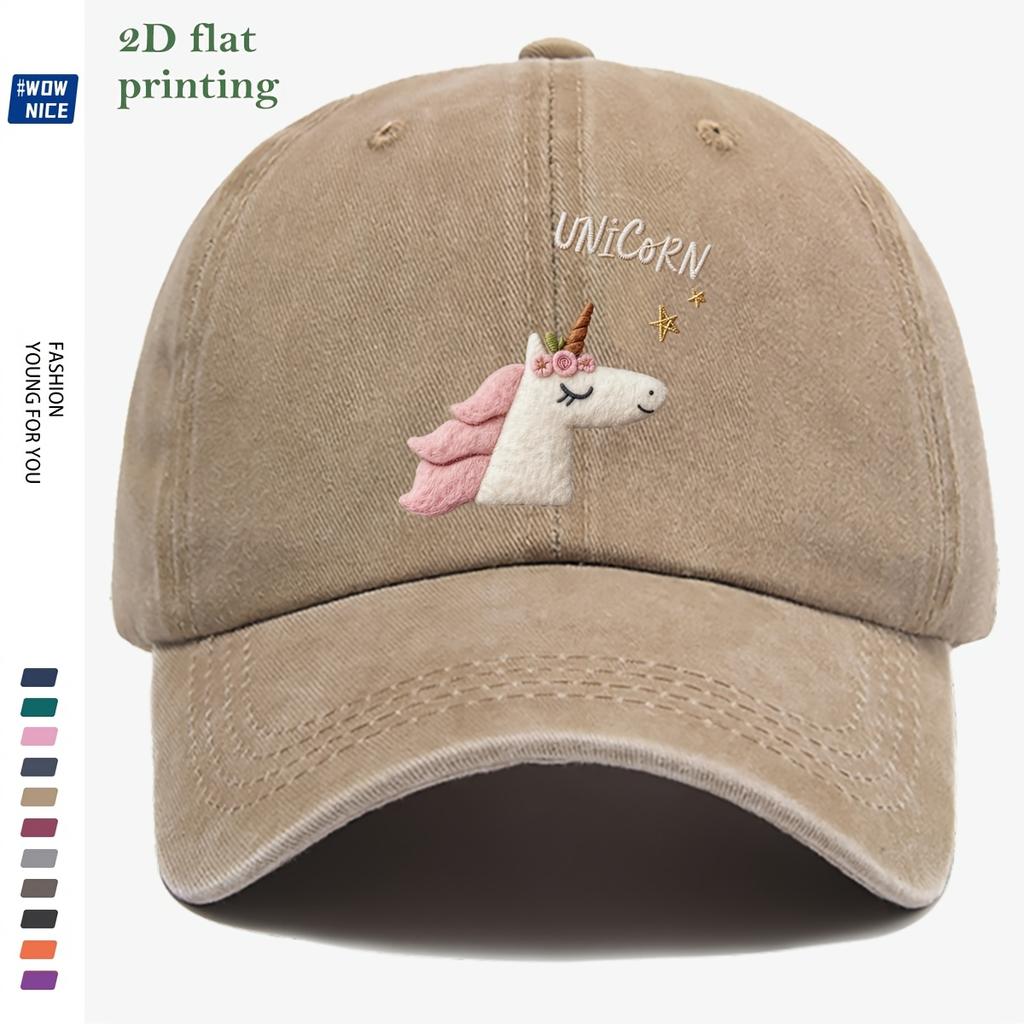D Flat  pc Unicorn Cartoon Flat DD Flat Printed Baseball Cap Cute Plush Unicorn Head Design Pink And White Color Matching