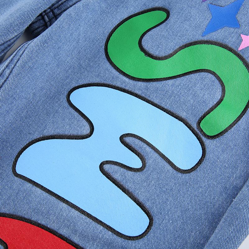 Trendy High-Waisted Loose Fit Printed Graffiti Women's Straight-Leg Jeans, Rainbow Denim Pants Loose Graffiti Printed