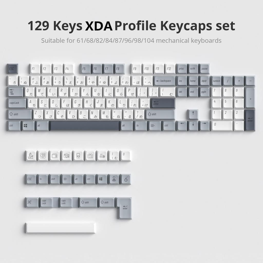 Ussixchare PBT Japanese Grey Keycap XDA Profile Custom Gaming Keycaps for ANSI US and Layout Cherry MX Switch Mechanical Keyboard Set, 129-Key