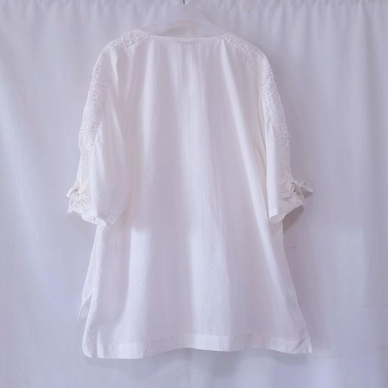 Export Original Order Leftover Stock Cotton and Silk White Round Neck Pullover Shirt Plus Size Loose Casual Embroider 3/4 Sleeve Cool