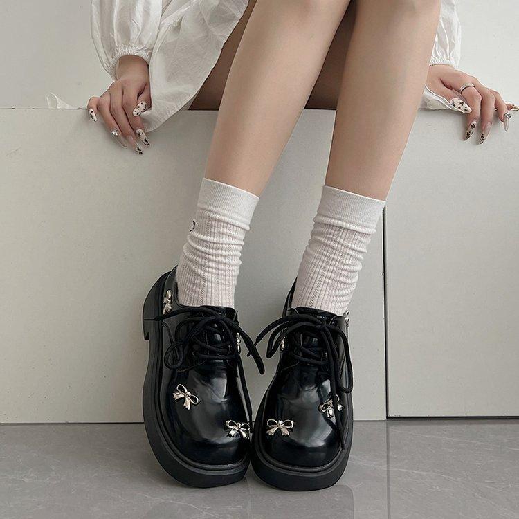 British Style Thick Bottom Heightening Shoes Female Spring and Fall Deep Mouth Single Shoes Lace-up Mary Jane High Heels