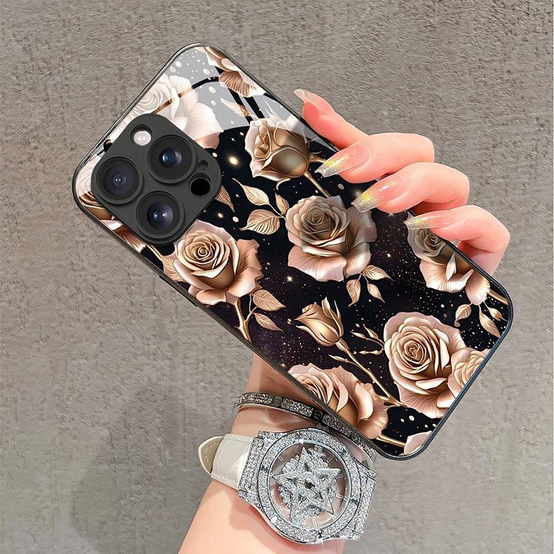 Gradient Glitter Rose Pattern Tempered Glass Phone Case For iPhone 17 16 15 14 13 12 11 Pro Max 17Air 16E 7 8 Plus XR XS X Cover