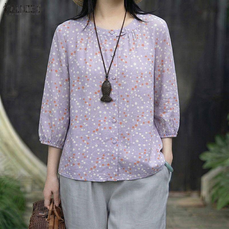 ZANZEA Damen Lässige Runde Hals Polka Dot Druck Locker 3/4 Ärmel Bluse