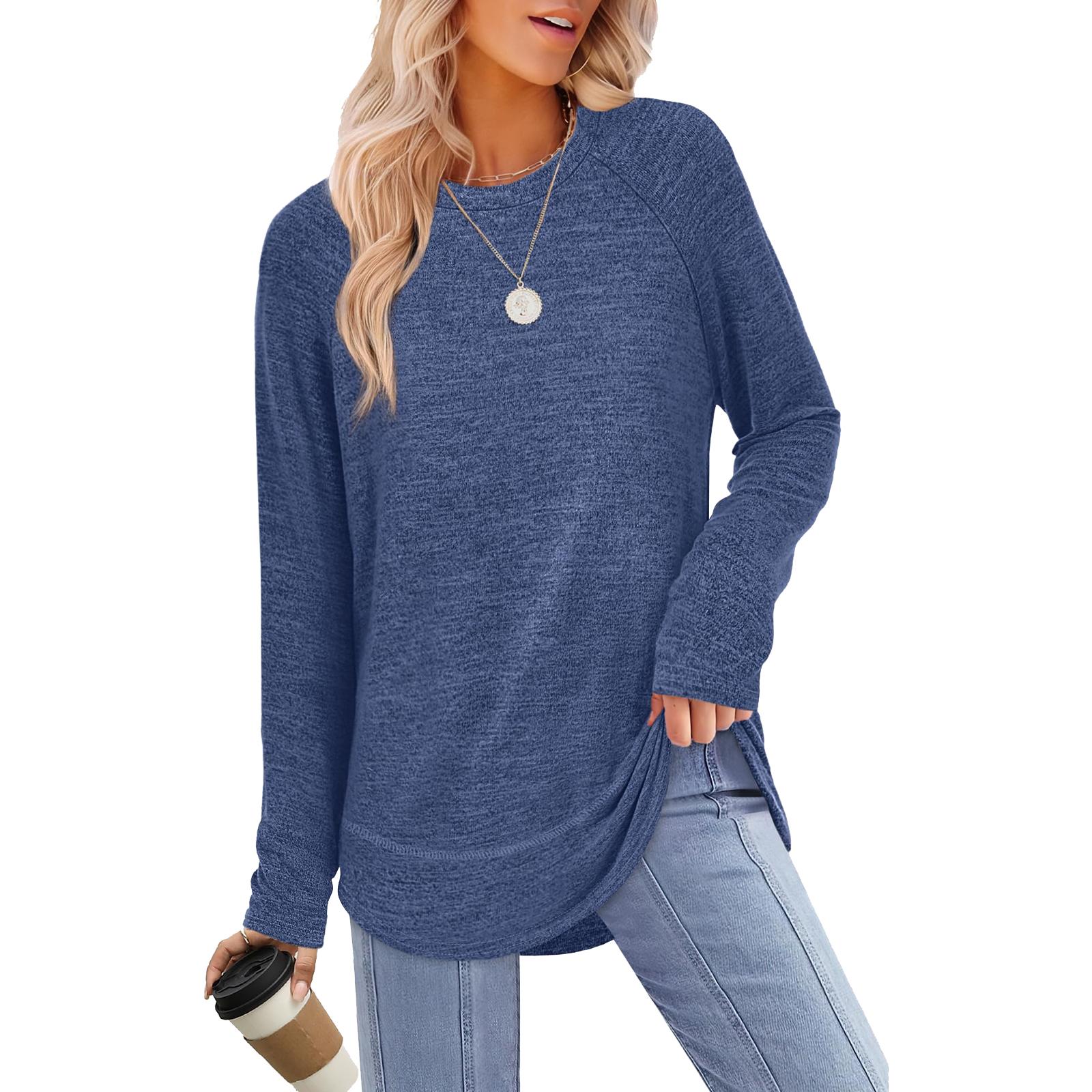 

Women s Fashionable Solid Color Long Sleeved Round Neck Casual Loose Pullover Top XL синий