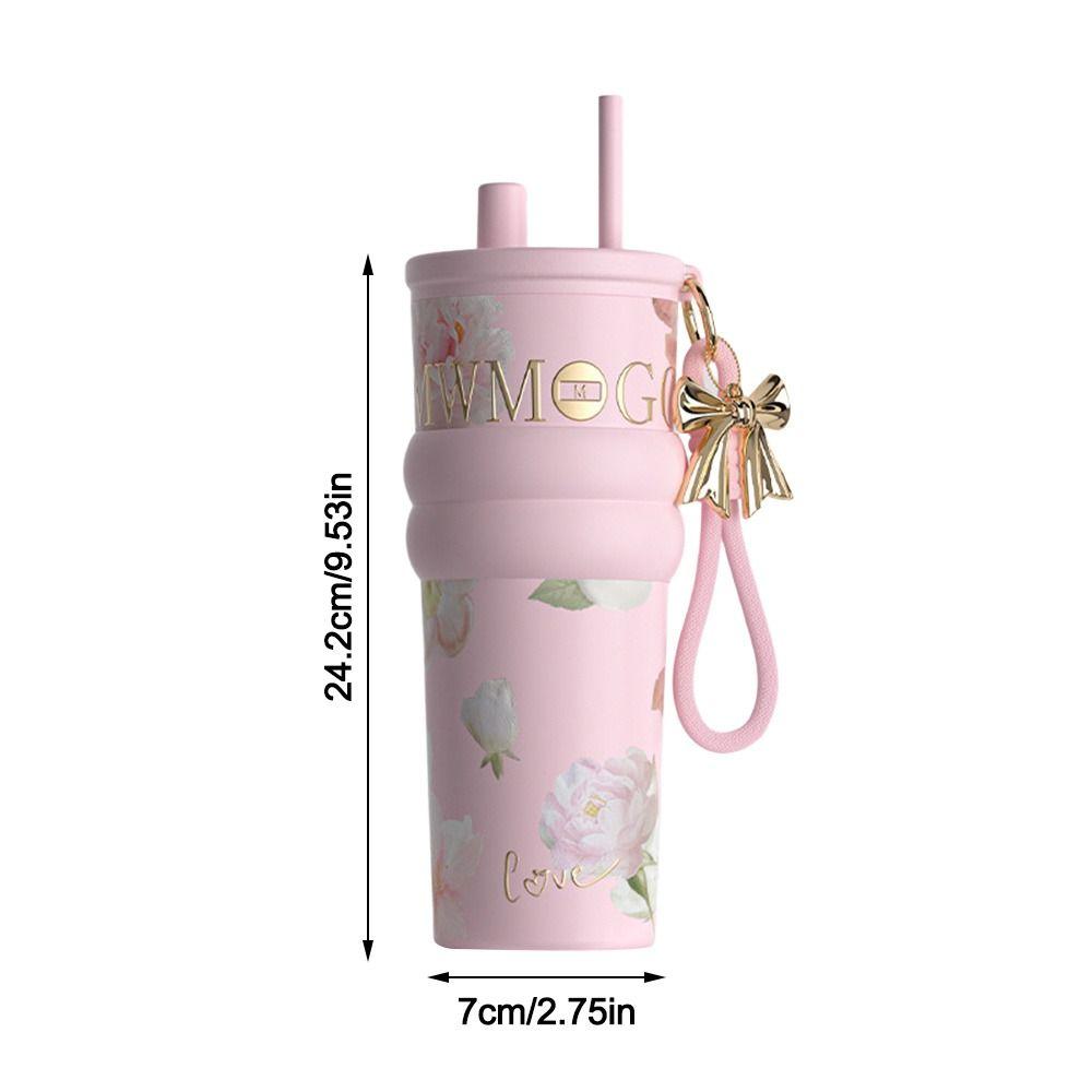 710ml Insulated Cup Ceramic Inner Liner Dustproof Straw Water Cup Large Capacity with Flower Pendant Vacuum Coffee Cup Travel