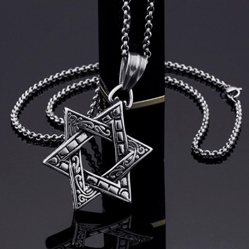 Stainless Steel Hexagram Pendant Necklace Men's Vintage Hollow Out Charms Accessories Zirconia Star Sweater Chain Jewelry