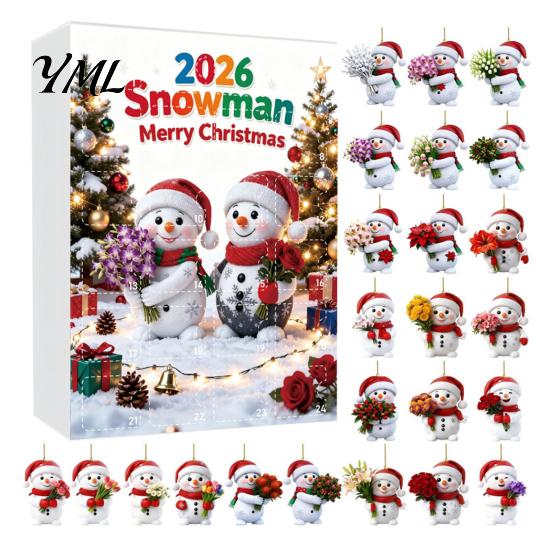 Snowman Hanging Ornaments Advent Calendar, 24Pcs Acrylic 2D Ornament Set Christmas Tree Decorations with Bouquet Flowers, Decor, Holiday Gift for Kids