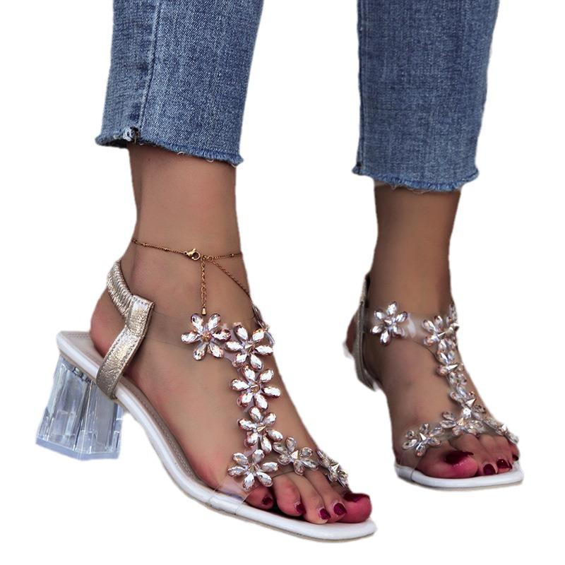 Korean Plus Size Rhinestone Butterfly Chunky Heel Square Toe Sandals – Women's Fashion Crystal Heels